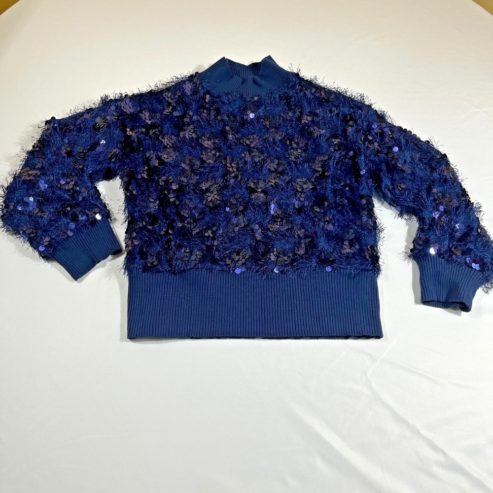 Beauty Women Navy Blue Sequin Shag Fringed Sweater S/M Mock Neck Knit Party Top